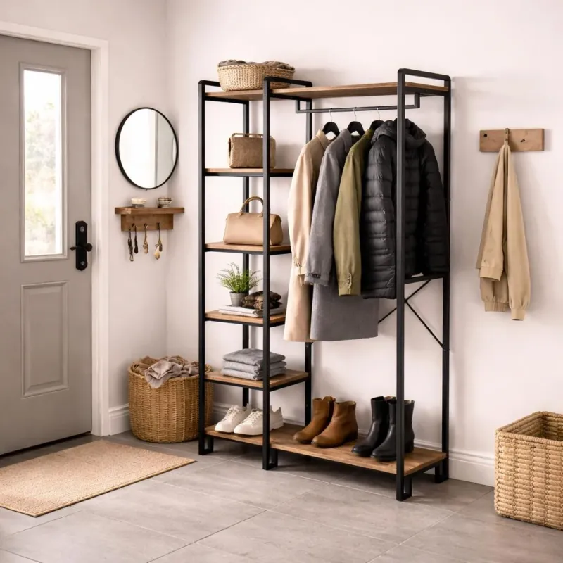 Garderobenständer - Garderobenmöbel Garderobenständer Rox Natural - Mit Regalen - Dimehouse