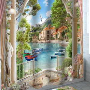 Greek Mediterranean Garden with Coastal Sea View Shower Curtain