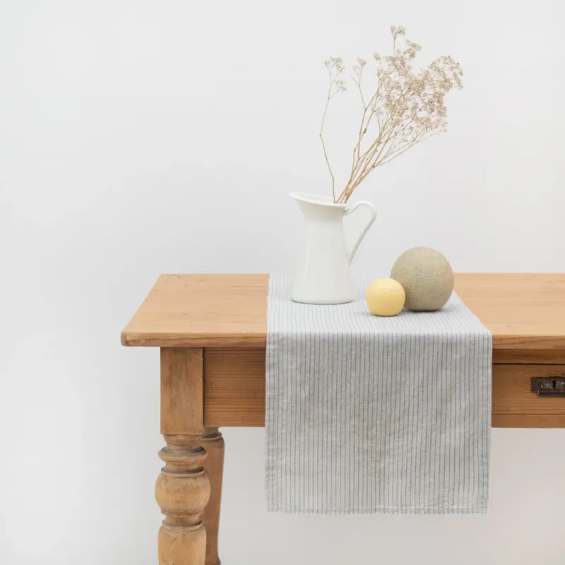 Leinen - Tischläufer, Grey Blue Pinstripe Rustic - Linen Tales