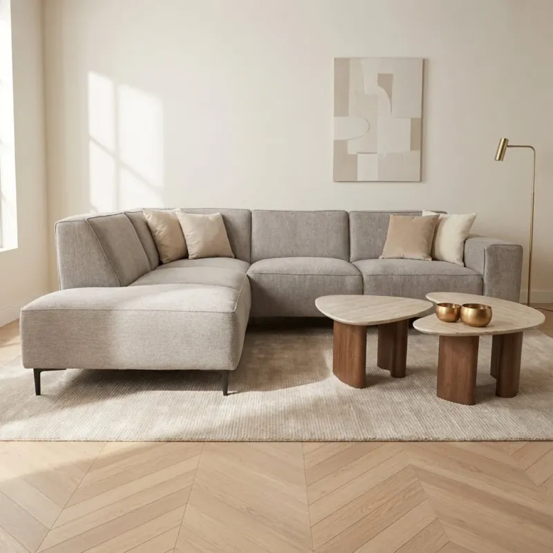 Ecksofa Grauer Chenille-melierter Ravi – Umgebungsfoto links Modern Innenraum