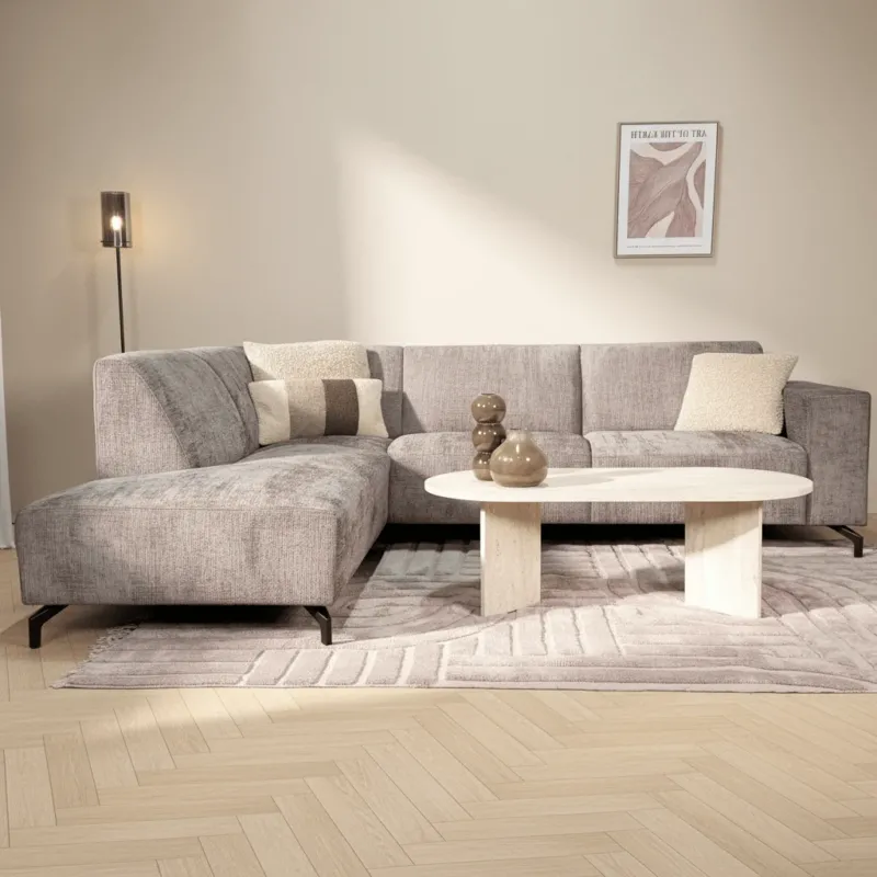 Banken - Ecksofa mit Chaiselongue Taupe Chenille Stoff Manon - links - Dimehouse