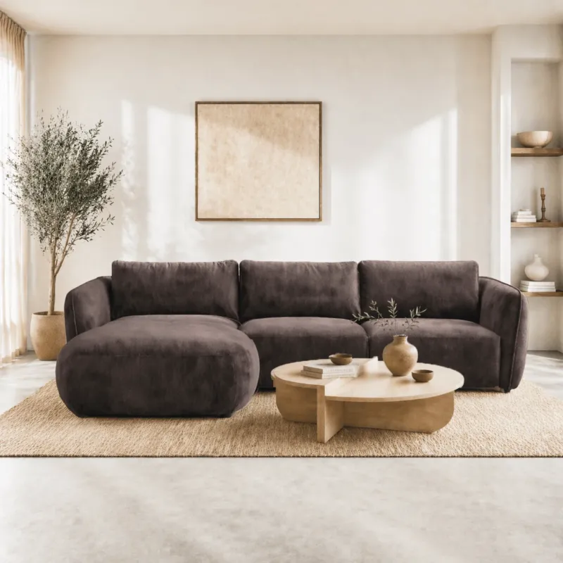 Banken - Ecksofa Runde Longue in Mokkabraun Samt Strukturstoff Dwayne - links - Dimehouse