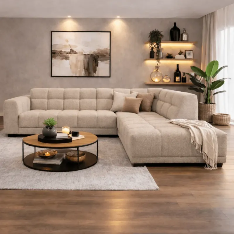 Banken - Ecksofa mit Loungebeige Bouclé Stoff Nova - richtig - Dimehouse