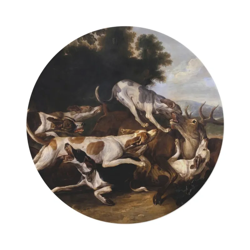 Hunting dogs finishing a deer round mat by Jean-Baptiste Oudry, top view on white background