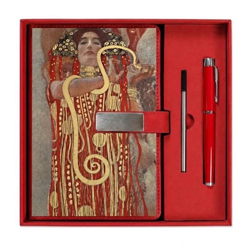 Open presentation box with the Red Hygieia by Gustav Klimt notebook and matching refillable metal pen, gallery view 1