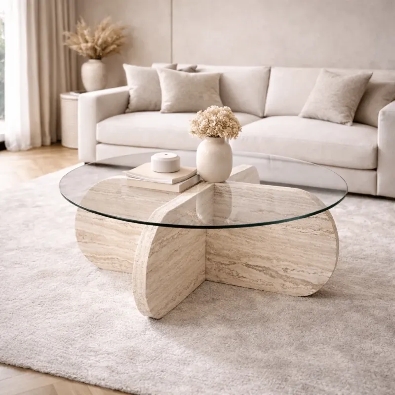 Couchtische - Runder Aris-Couchtisch aus Travertin Melamin und transparentes Glas 75 cm - Dimehouse
