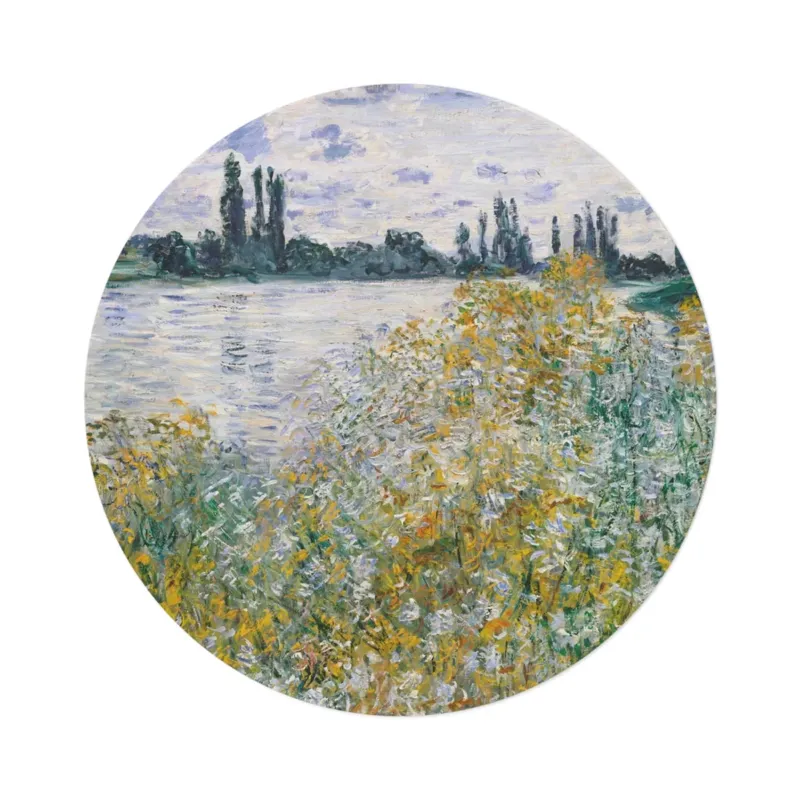 Île aux Fleurs near Vétheuil round mat, overhead view on white background