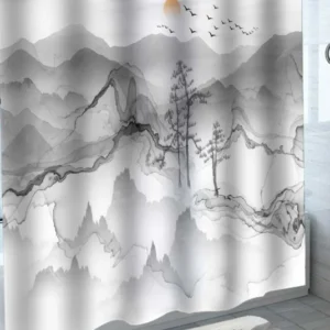 Japanese Shower Curtains Drawing Sunny Mountains