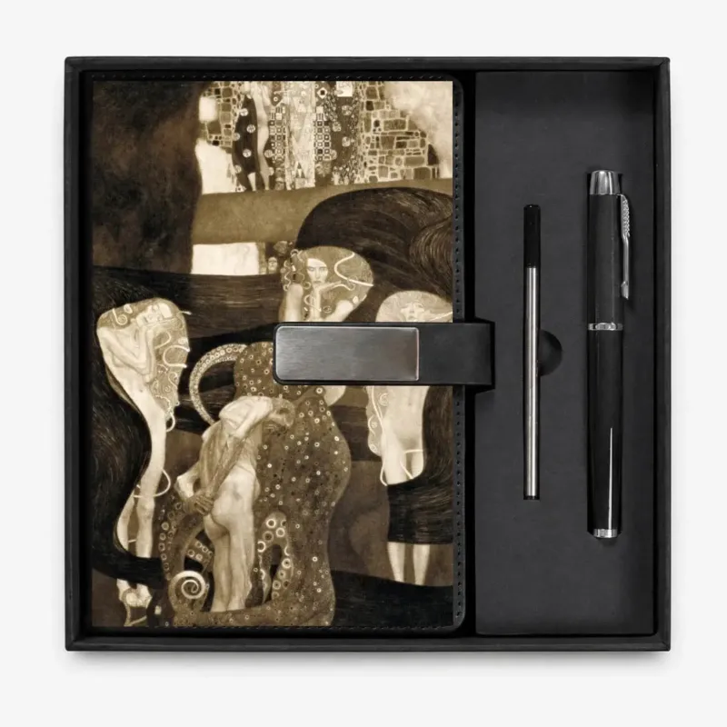 Open presentation box with the Black Jurisprudence by Gustav Klimt notebook and matching refillable metal pen, gallery view 1