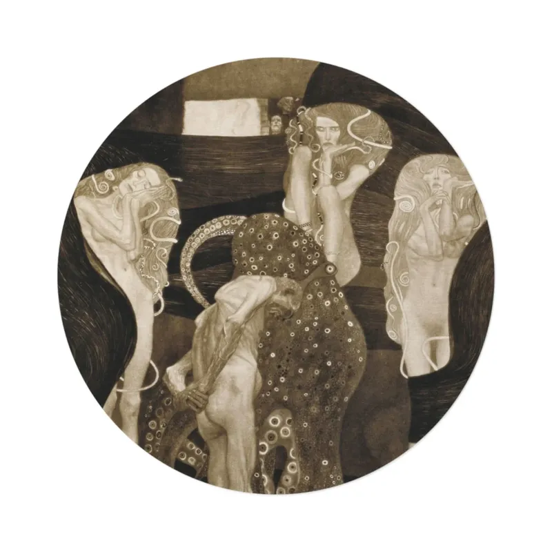 Jurisprudence round mat by Gustav Klimt, top view on white background