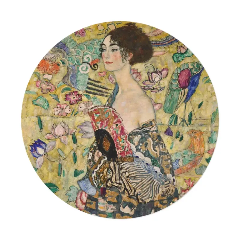 Lady with a Fan by Gustav Klimt round mat shown in a modern interior