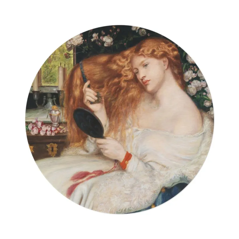 Lady Lilith round mat by Rossetti and Dunn, overhead view on white background