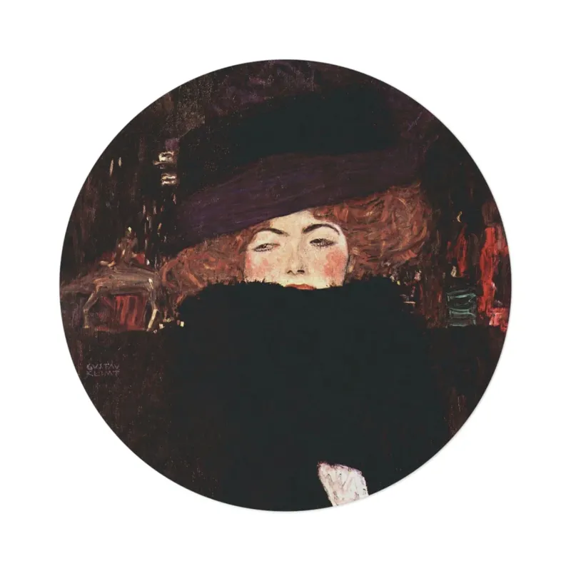 Lady with Hat and Feather Boa round mat by Gustav Klimt, top view on white background