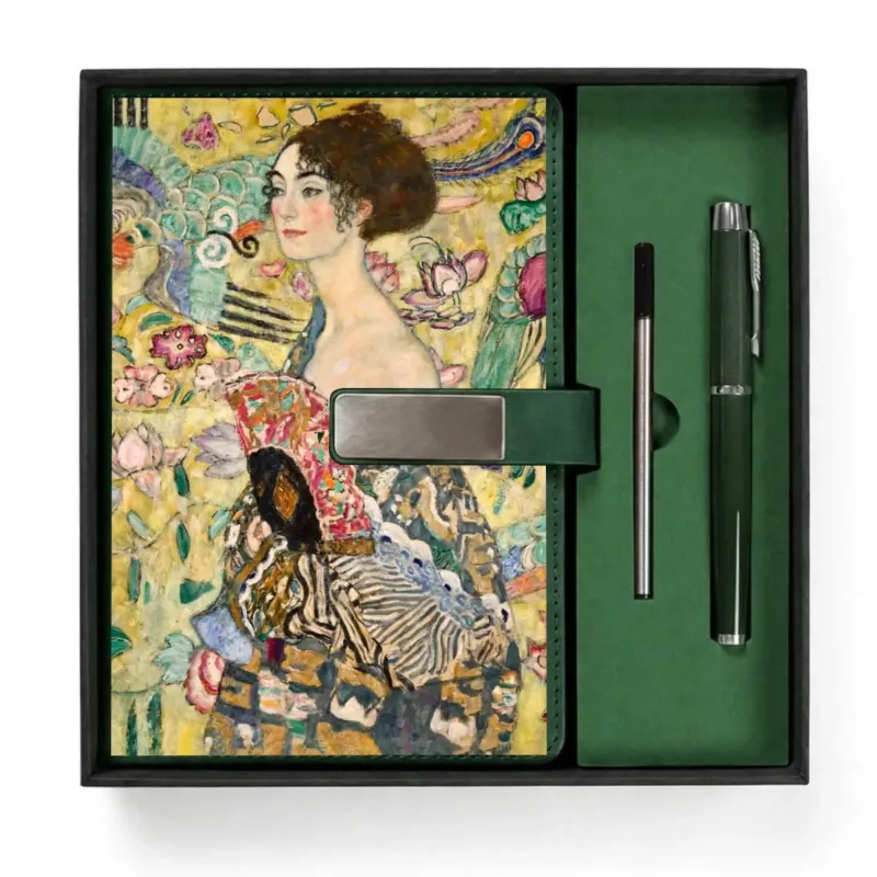 Open presentation box with the Dark Green Lady with a Fan by Gustav Klimt notebook and matching refillable metal pen, gallery view 1