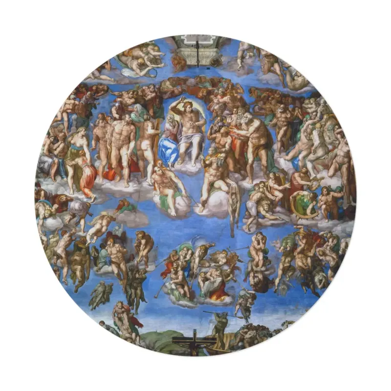 The Last Judgment round mat placed in an art-focused living room