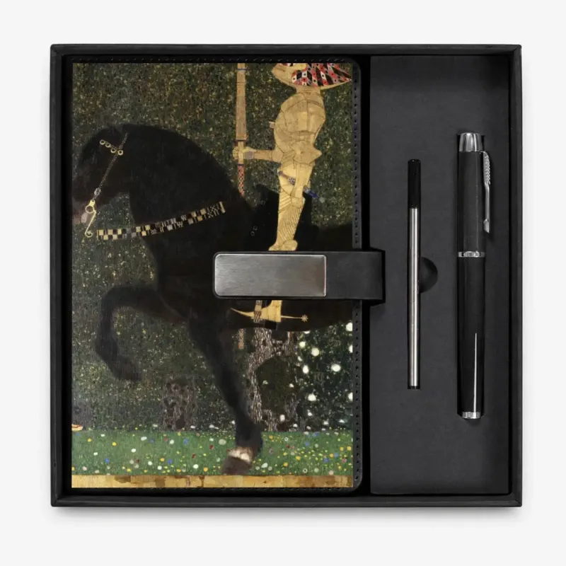 Open presentation box with the Black Life is a Struggle (Golden Rider) by Gustav Klimt notebook and matching refillable metal pen, gallery view 1