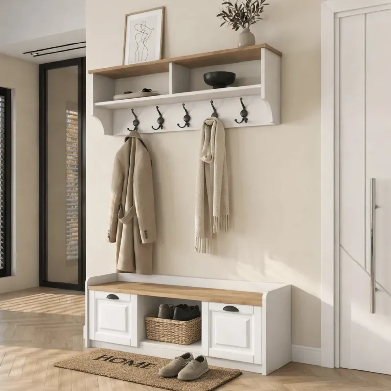 Möbelsets - Möbelset Garderobe - Schuhschrank - Weiß - Eiche Melamin - Hally - Dimehouse