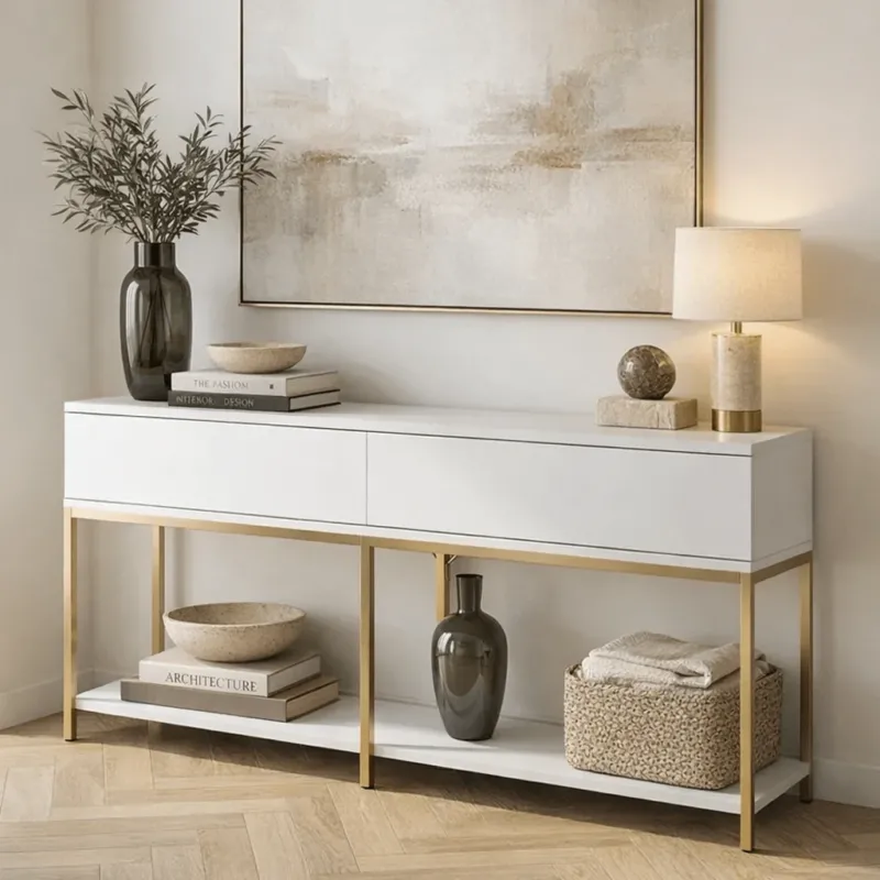 Sideboards - Modern Kommode White Lord 150x30x80 - Goldrahmen - Zwei Fächer - Dimehouse