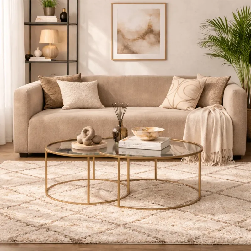 Couchtische – Moderne Runde Couchtisch 2er-Set Uru Gold - Transparentes Glas - 80/60 cm - Dimehouse
