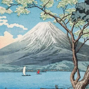 Mount Fuji from Lake Yamanaka by Takahashi Shotei — Mount Fuji rises beyond a blossoming tree and a blue lake