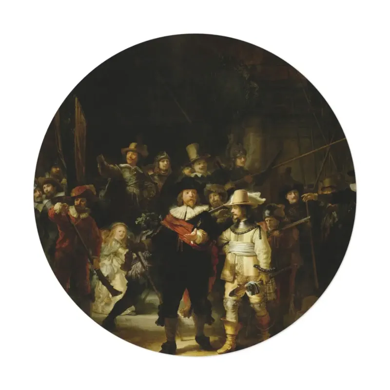 The Night Watch round mat placed in an art-focused living room