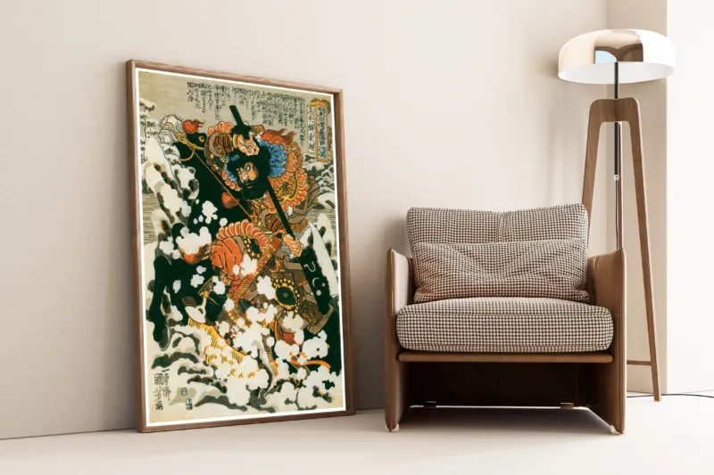 108 Heroes of the Suikoden: Kyūsenpō Sakuchō (centre panel) by Utagawa Kuniyoshi — shown framed on a wall