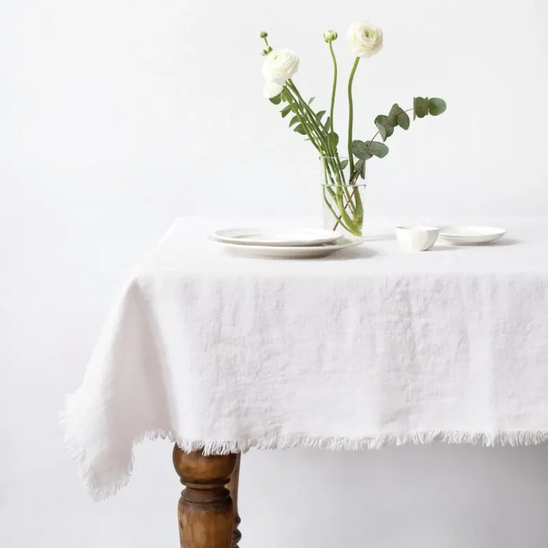 Leinen-Tischdecke mit Fransen, Optical White