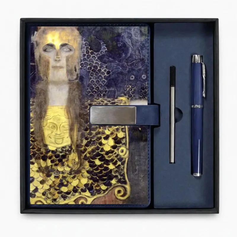 Open presentation box with the Blue Pallas Athena by Gustav Klimt notebook and matching refillable metal pen, gallery view 1