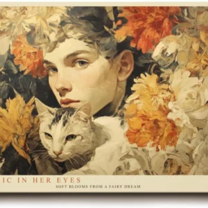 Paul Sinus Wandbild 120x80cm Frau Mit Katze Blumen Kunst LeinWandbild 120x80cm Romantisches Portrait Wanddekoration