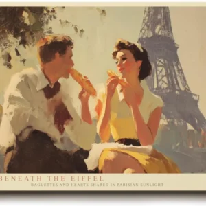 Paul Sinus Wandbild 120x80cm Love Beneath the Eiffel romantische Paris Szene mit Paar und Eiffelturm Kunst Poster für Wohnzimmer Schlafzimmer