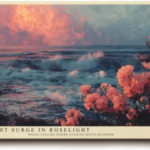 Paul Sinus Wandbild 120x80cm Meereskueste bei Sonnenuntergang mit rosa Blueten Atmosphaerische Naturkunst in Blau und Rosatoenen