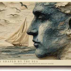 Paul Sinus Wandbild 120x80cm abstraktes Gesicht Meer Segelboot moderne Kunst blau beige Kunstdruck grosses Kunstbild atmosphaerische Wanddekoration fuer Wohnzimmer Büro