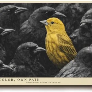 Paul Sinus Wandbild 120x80cm gelber Vogel in dunkler Gruppe moderne Tierkunst Kontrast Kunstdruck grosses Kunstbild inspirierende Wanddekoration fuer Wohnzimmer Büro