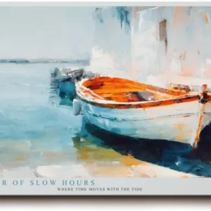Paul Sinus Wandbild 120x80cm mediterranes Boot am Hafen impressionistische Kueste blau orange maritimes Kunstbild moderne Wanddekoration fuer Wohnzimmer Büro
