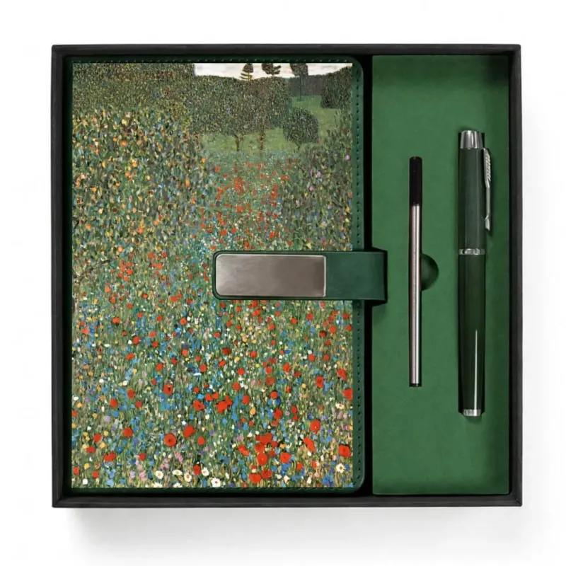 Open presentation box with the Dark Green Poppy Field by Gustav Klimt notebook and matching refillable metal pen, gallery view 1