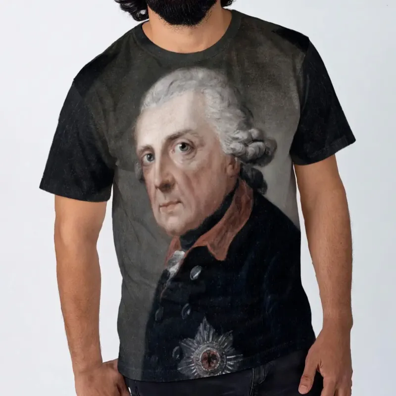 Front studio view of a model wearing a Portrait of Frederick II King of Prussia art T-shirt