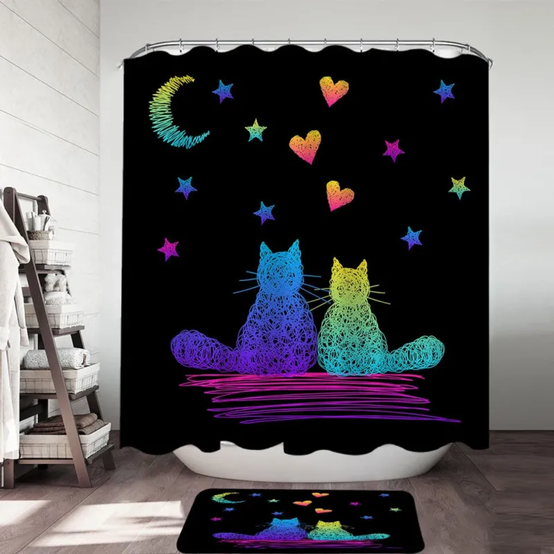Romantic Shower Curtain with Cats Artistic Drawing