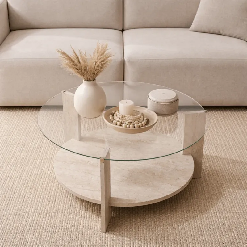 Couchtische – Runder Couchtisch aus Travertin Melamin transparentes Glas Ø75 cm - Kairo - Dimehouse