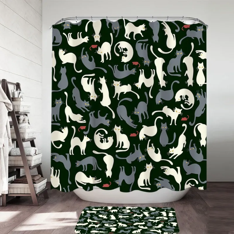 Shower Curtains with Red Mice and White Grey Cats