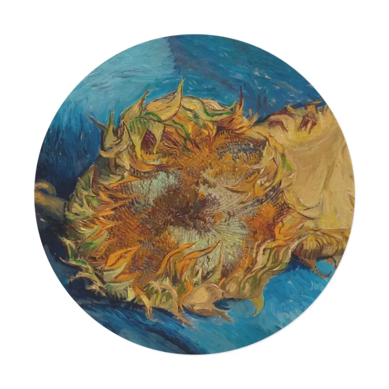 Van Gogh Sunflowers inspired round mat styled in bright living room