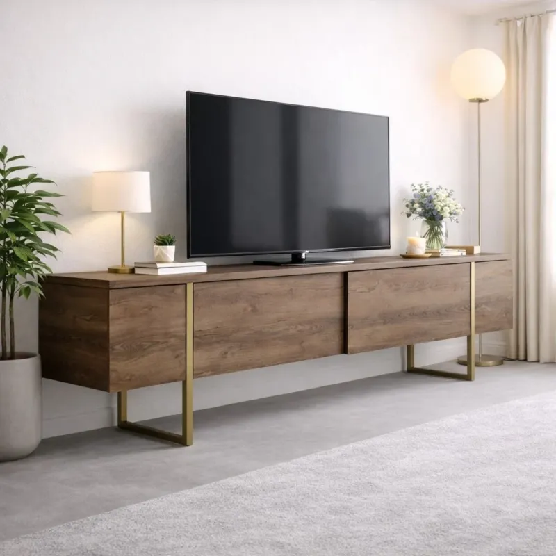TV-Möbel – TV-Möbel Luxus Walnuss Gold Melamin 180x50x30 cm - Dimehouse