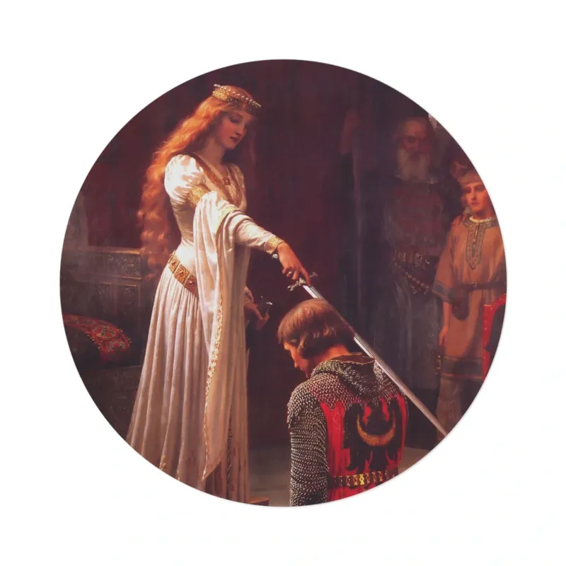 The Accolade by Edmund Blair Leighton round mat, overhead view on white background