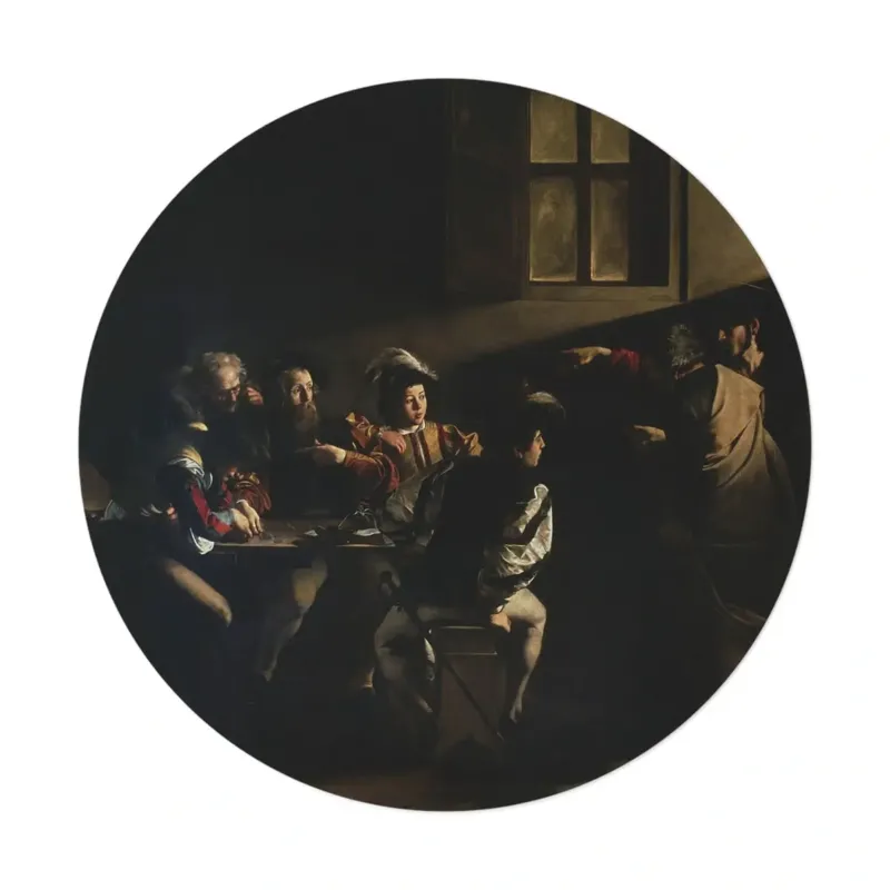 The Calling of Saint Matthew round mat placed in a softly lit living room