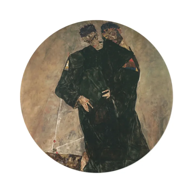 The Hermits by Egon Schiele printed on a round mat, top view on white background