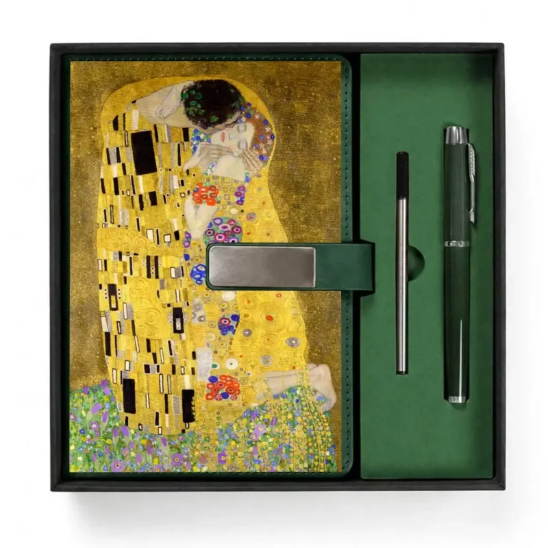 Open presentation box with the Dark Green The Kiss by Gustav Klimt notebook and matching refillable metal pen, gallery view 1