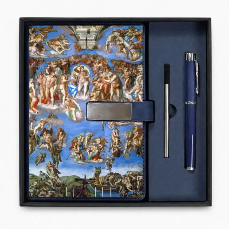 The Last Judgment by Michelangelo printed on a blue notebook with matching refillable pen in an open gift box