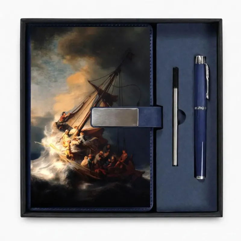 Rembrandt’s The Storm on the Sea of Galilee blue notebook and matching pen in an open presentation box