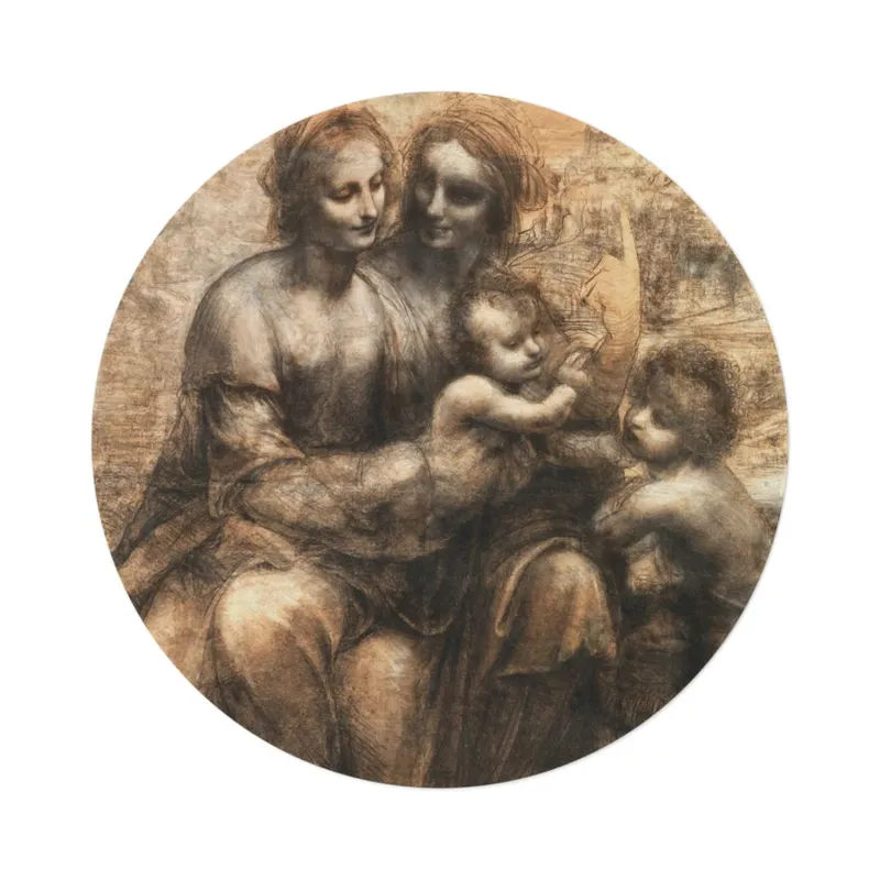 Virgin and Child with Saint Anne round mat by Leonardo, top view on white background