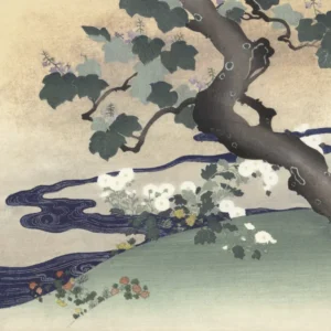 Tree and Chrysanthemums by Tsukioka Kōgyo — A flowering vine and chrysanthemums frame a curving indigo river