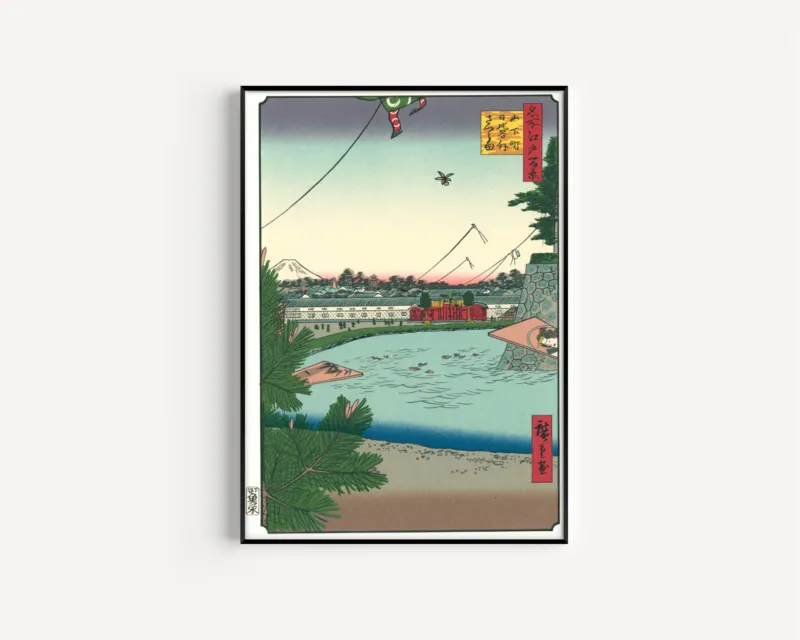 Hibiya and Soto-Sakurada from Yamashita-chō by Utagawa Hiroshige — in a slim black frame on a plain white wall